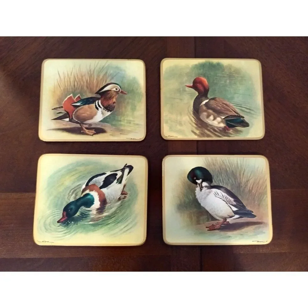 COASTERS Wild Duck Mallard Cork Back Basil Ede England Vintage Set of‎ 4 Barware